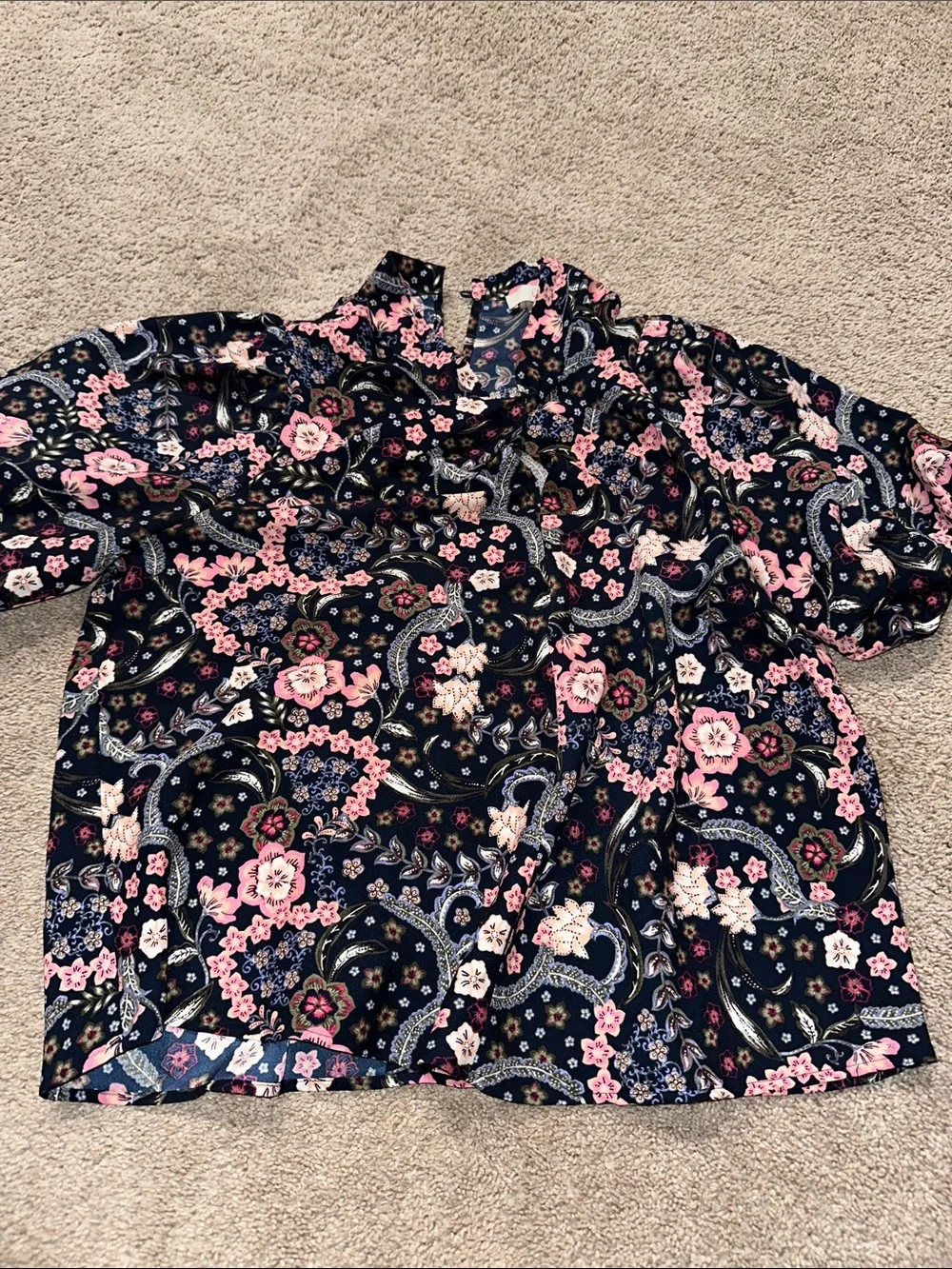 LOFT Navy Floral Peasant Blouse with Pink Flowers